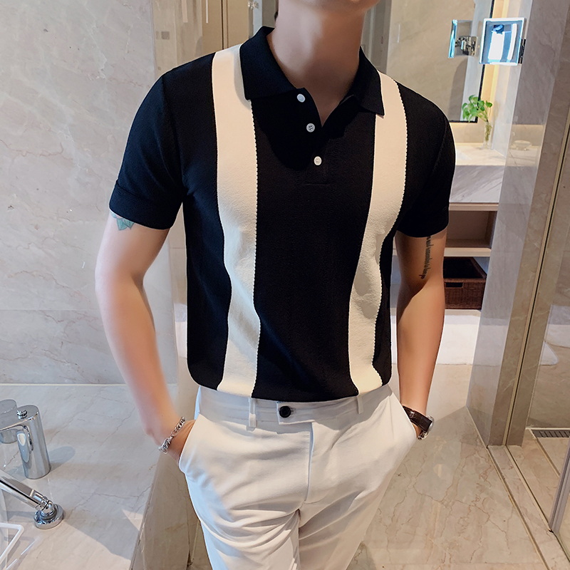 Summer Men's Short-sleeved Knitted Casual POLO Shirts Contrast Color British Slim Lapel Ice Silk POLO Shirt Men Clothes 210308