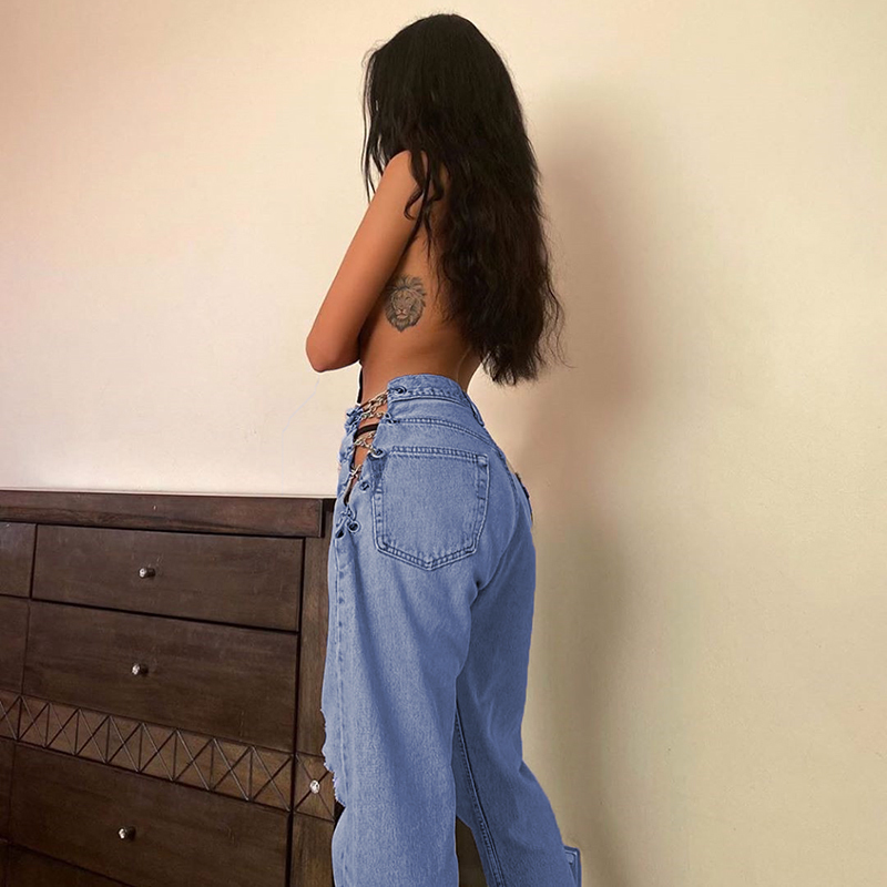 YICIYA Seasons Side Cross Chain Hollow Out Wide-leg Women Jeans High Waist Pants Sexy Elegant Ladies Europe Fashion Jean Women 210222