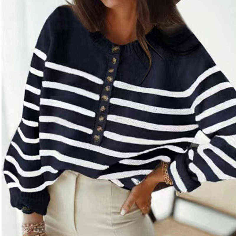 Autumn Winter Women Casual Long Sleeve Striped Patchwork Jumpers Ladies Loose Knitted Sweaters Fashion Zip V-Neck Tops Pullover 211109