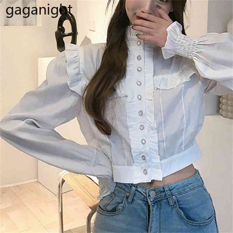 Elegant Office Ruffles Blouses Women Fashion Long Sleeve Stand Collar Cropped Tops Casual White Shirt OL Blusas 210601