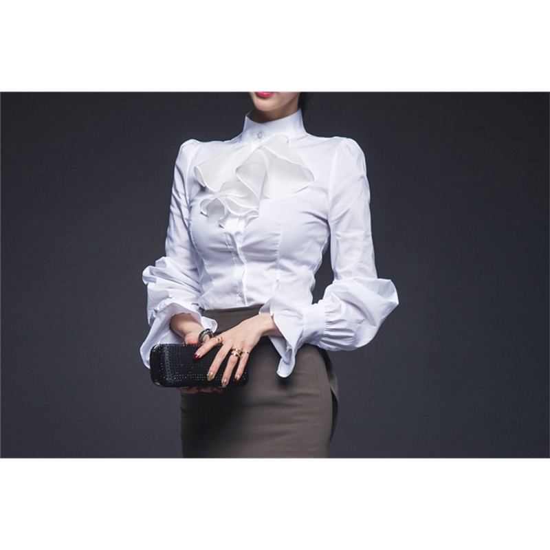 Slim Ruffles White Women Shirts Chiffon Flare Sleeve Blouse Female Blusas Lady Undershirt Tops Women Clothes RWS175021 210225