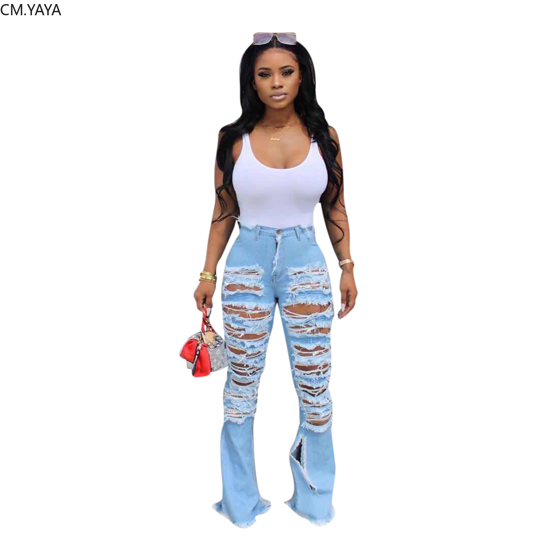 Summer Denim Pants Women Retro Solid Sexy Hole Jeans Ripped Flare Trousers Street Skinny High Waist Lady Pants GL8342 210222