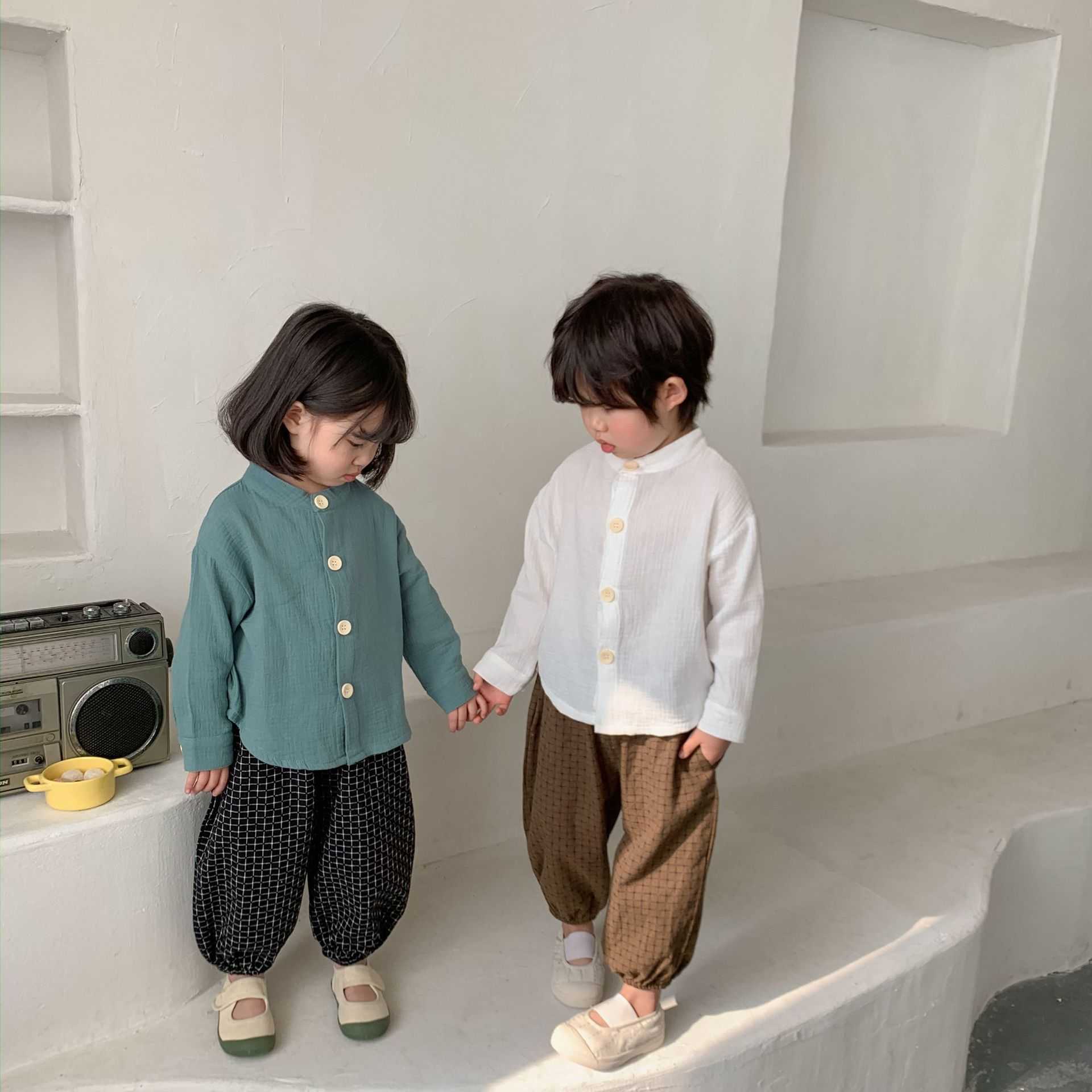 Spring cotton casual base long sleeve shirts for boys and girls simple all-match soft Tops 210713