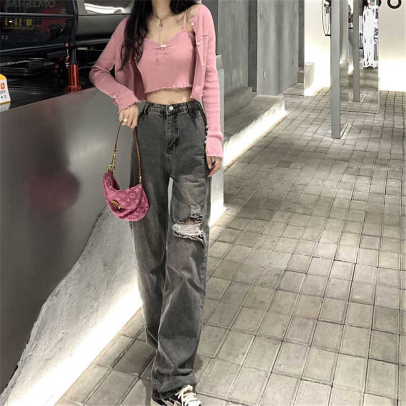 Black Ripped Hole WideLeg Jeans High Street Korean Trendy Denim Women'S Pants Loose Waist Streetwear StraightLeg Trousers 210922