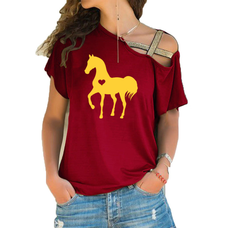 Heart horse shirt horse tshirt gift for horse lover equestrian gifts clothing birthday party Irregular Skew Cross Bandage Tees 210306