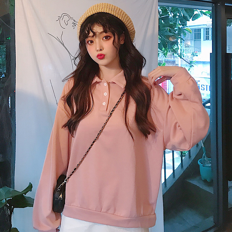 Spring Autumn Winter Sweatshirts Korean Solid Color Polo Women Shirt Loose Boyfriend Style Female Sweatshirt Pullover Harajuku 201102