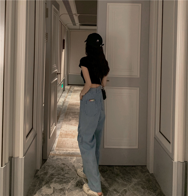 Woherb Vintage Wide Leg Woman Jeans High Waisted Jeans Blue Casual Long Trousers Korean Streetwear Pockets Denim Pants 25636 210222
