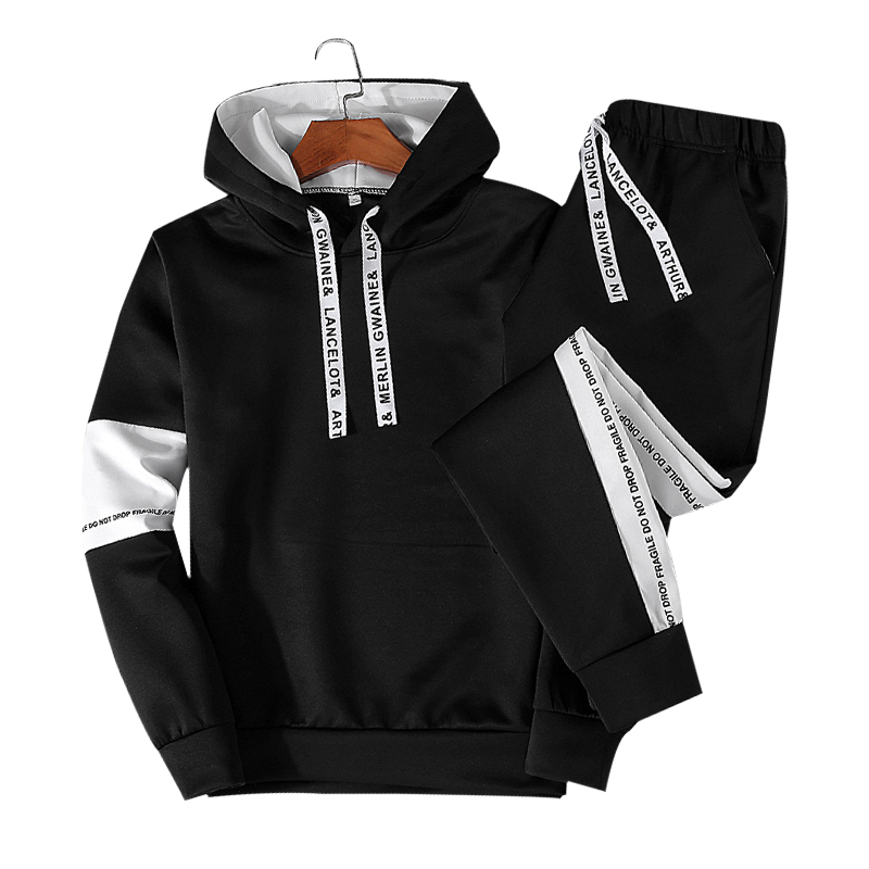 Men Casual Set Hooded Solid Patchwork Autumn Men's Sportswear HoodiesPants 2PCS Sets Hip Hop Street Loose Tracksuits 201210