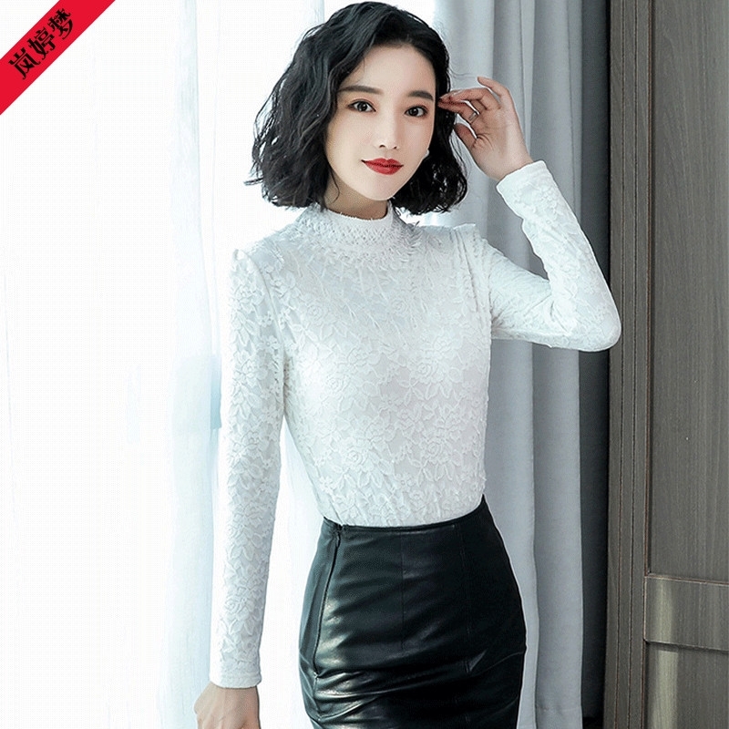 Elegant Feminine High Neck Lace Bottom Blouse & Shirt Women Long Sleeve Tops Warm Shirt Plus Size 4XL 210225