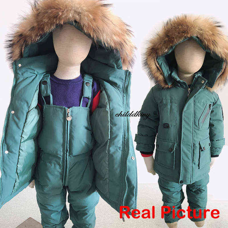 2Pcs Set Winter Children's Down Jacket Fur Collar Baby Girl Clothes Warm Boy Ski Suit Snowsuit Infant Outwear Coat For Babies 211104