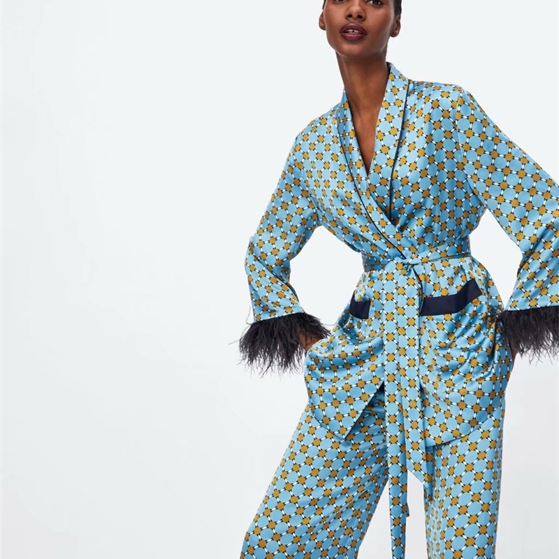 New Arrival Blue Printed Kimono Jacket with Feather Sleeves Wide Leg Loose Cuasal Trousers Women Vintage Clothing Suits T200114