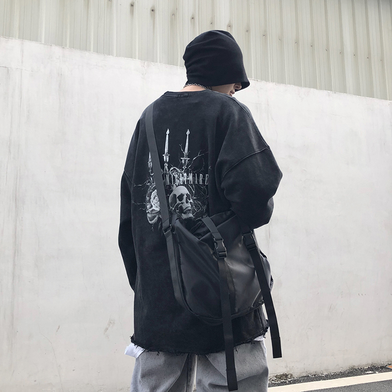 Streewear Skull Retro Washed Sweatshirt Pullover Mens Hip Hop Sweatshirt Ripped Holes Harajuku Pullover Cotton Black HipHop 201128