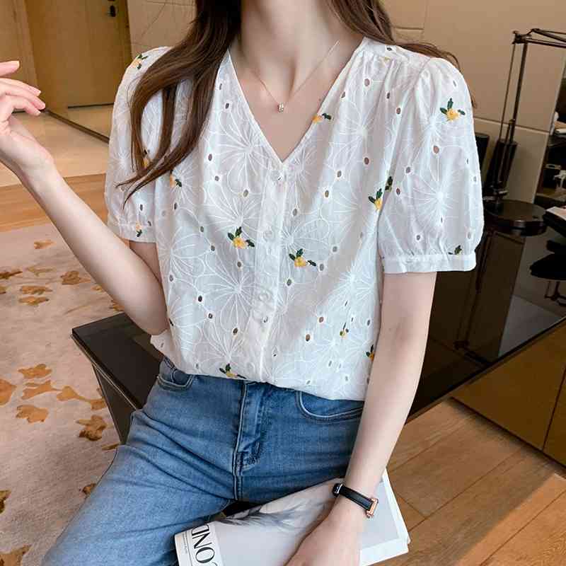 Korean Women Shirts Woman Short Sleeve Blouse Chiffon Blouses Office Lady White Tops Plus Size XXL 210531