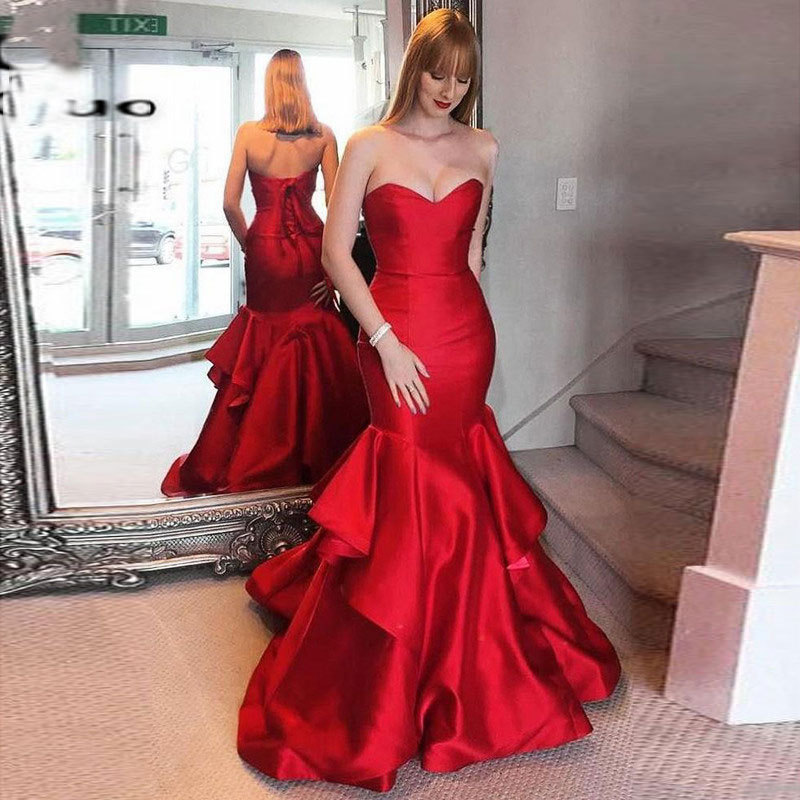 R&W Gorgeous Red Long Prom Sexy Open Back Mermaid Evening Gowns South African Formal Party Gown Sweet 16 Dresses
