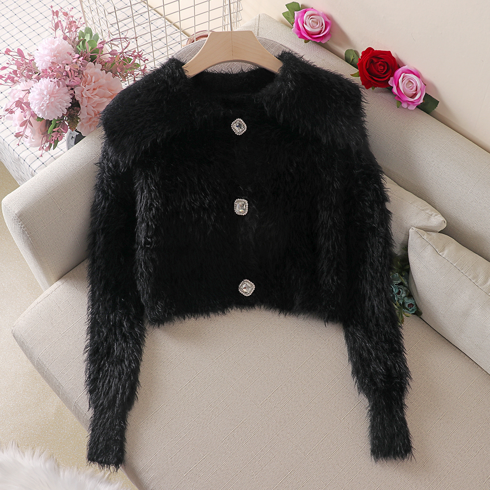 Women Fluffy Soft Sweater New Autumn Winter Vintage Short Cardigan Coat Ladies Korean Single Breasted Turn Down Collar Knitted 210218