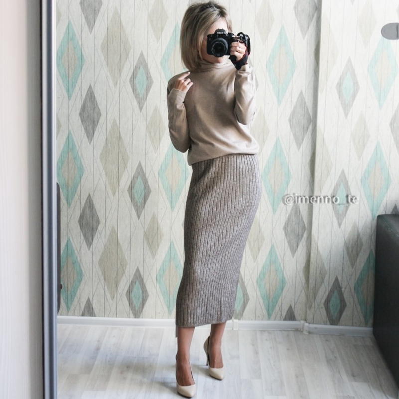GIGOGOU 6080CM Elastic Band Women Skirts Autumn Winter Warm Knitted Straight Skirt Ribbed MidLong Skirt Black 210306