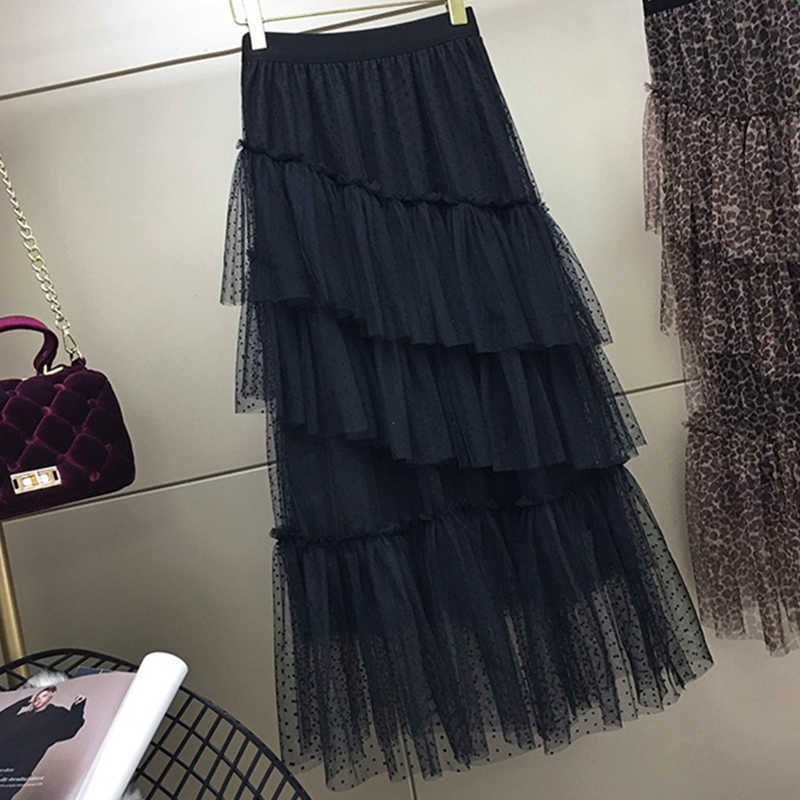 Flectit Leopard Tulle Skirt Women Autumn Winter Asymmetrical Layered Ruffle Mesh Midi Vintage Style * 210621