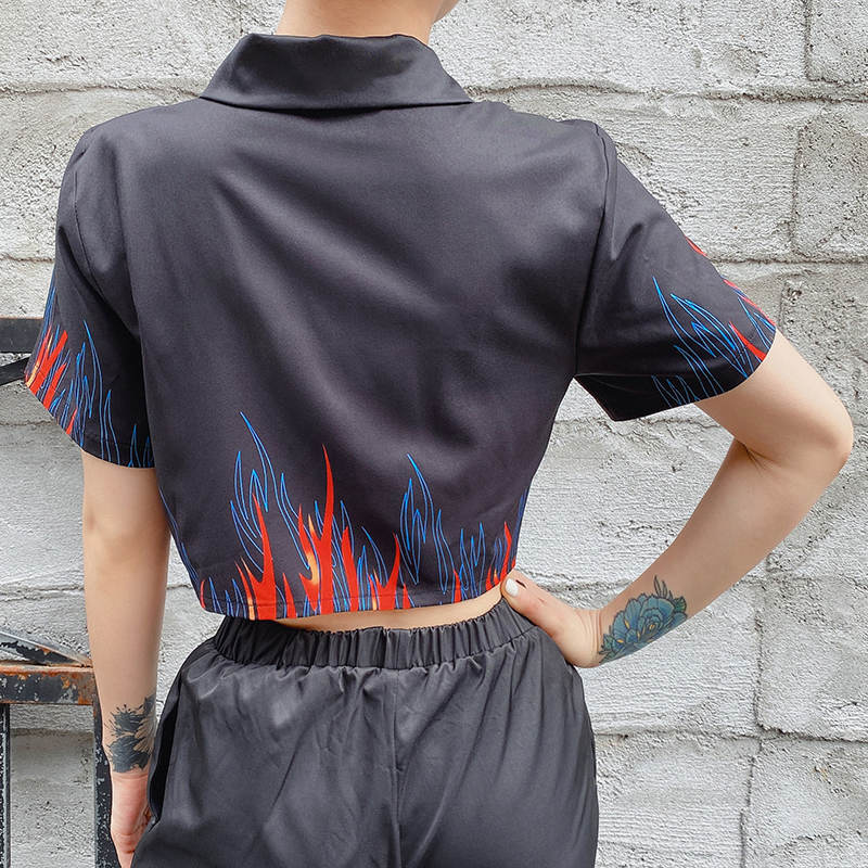 Waatfaak Single Breasted Flame Print Crop Top Tee Shirt Women Turn-down Collar Short Sleeve T-shirt Black Casual High Street T200512