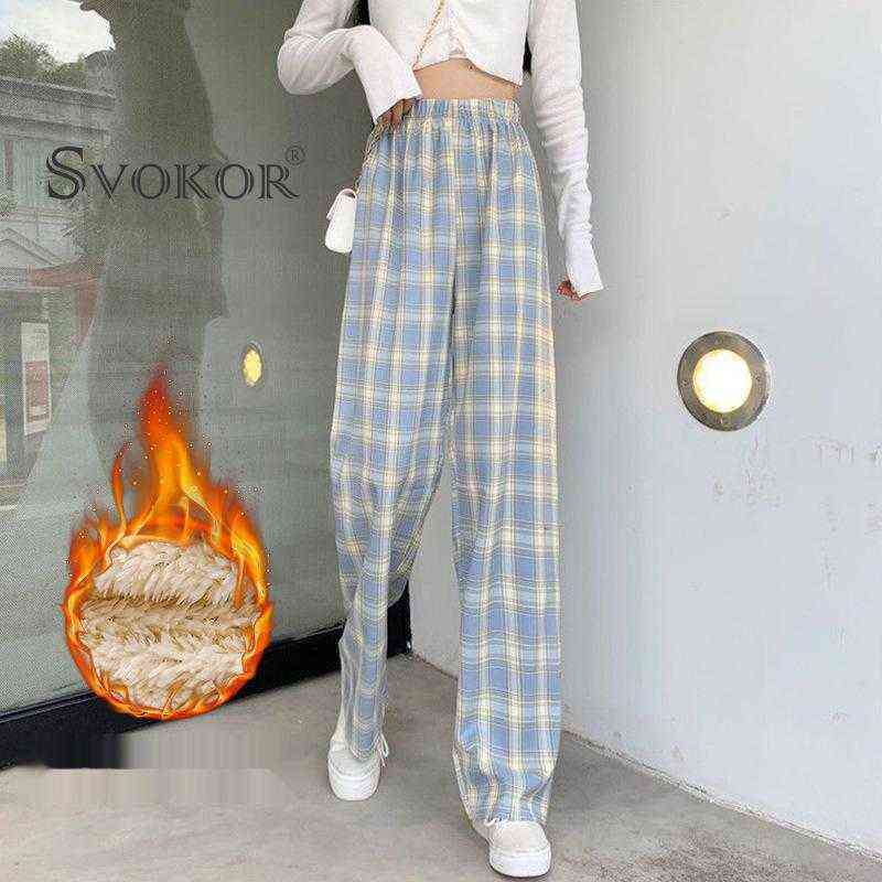 SVOKOR Women Plus Cashmere Warm Winter Pants Casual Retro Checkered Wide Leg Fashion Trousers Girl 211115