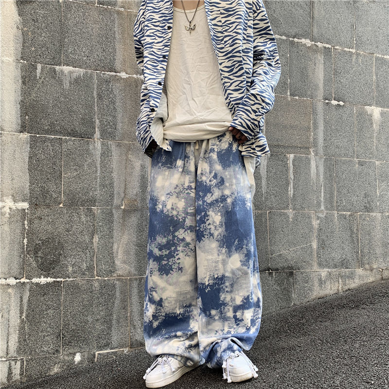 2021 New Autumn Korean Cotton Tie-dye Men's Fashion Retro Casual Camo Pants Men Street Wild Loose Hip-hop Straight Trousers Mens Tmg5, Sky blue