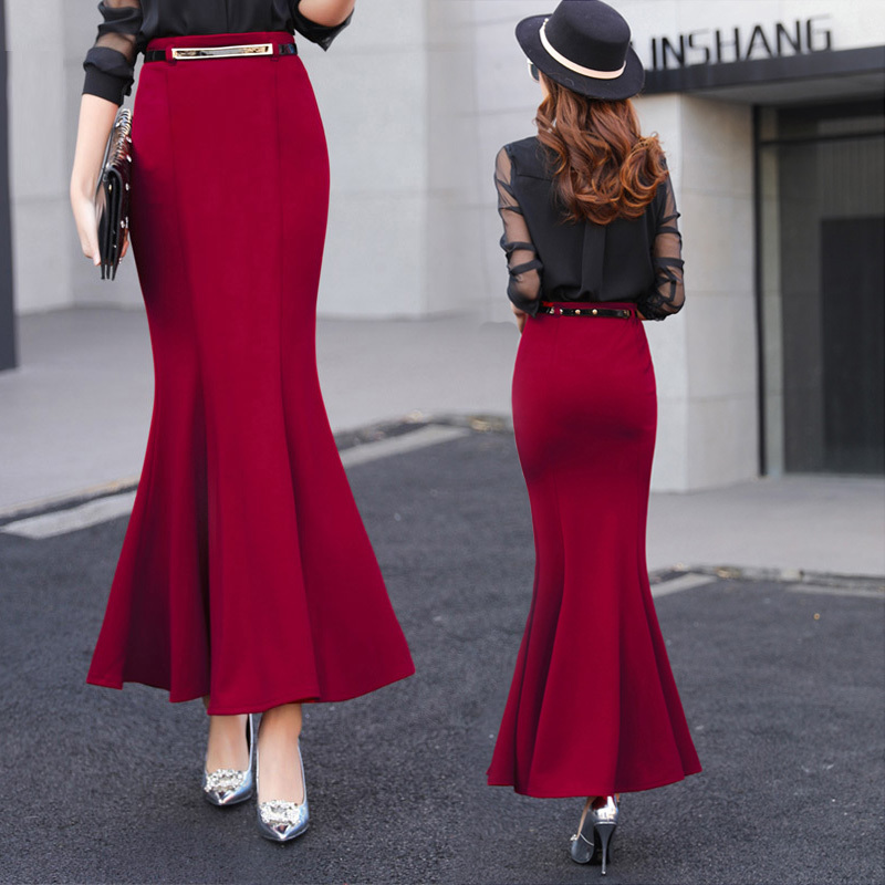 Spring Women Skirt Ruffles Slim High Waist Long Package Buttocks Tail Skirts Red Black 1890 210309