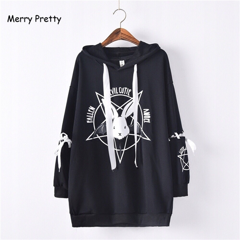 Merry Pretty Harajuku Cute Lolita Women Tumblr Sweatshirt Rabbit Pentacle Print Lace Up Hoodies Loose Tracksuit Pullover Female 201209