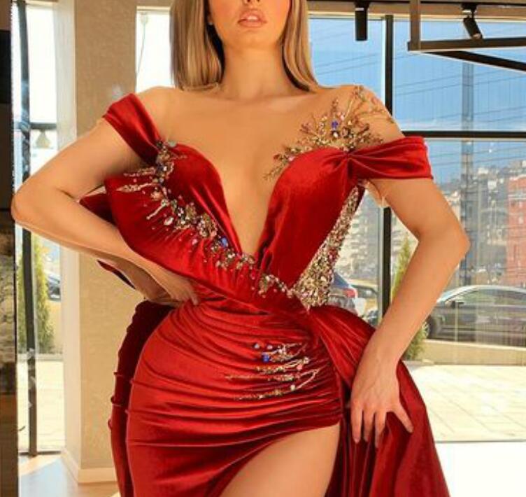 aso ebi arabic velvet burgundy sexy evening dresses beaded crystals prom dresses high split formal party second reception gowns zj466