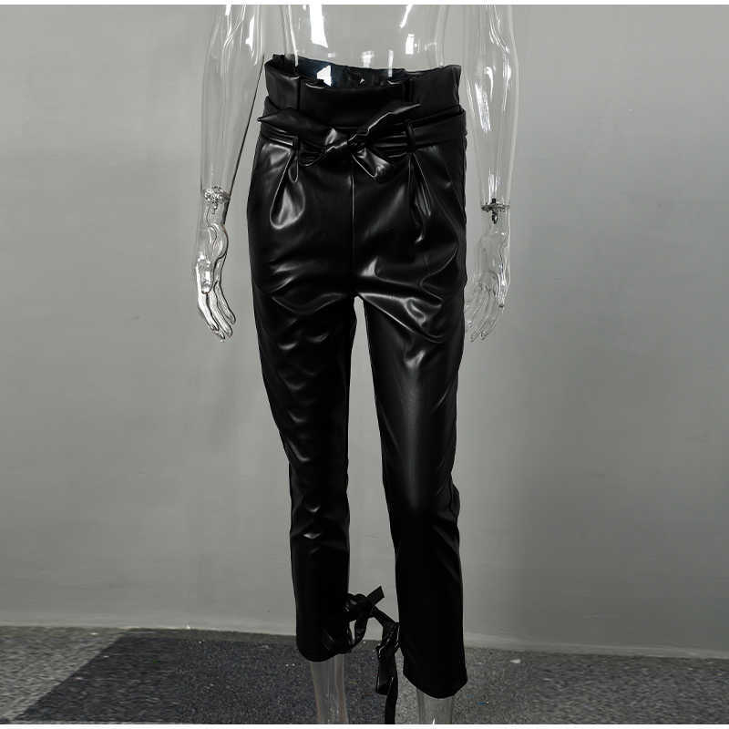 Women Black PU Leather Pants High Waist Sashes Lace Up Streetwear Trousers Female Office Lady Elegant Autumn Winter Pant 211115