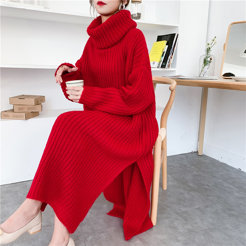 autumn Winter thickened Turtleneck long overknee sweater dress women's oose large size thick knitted clothes YJ873 210526