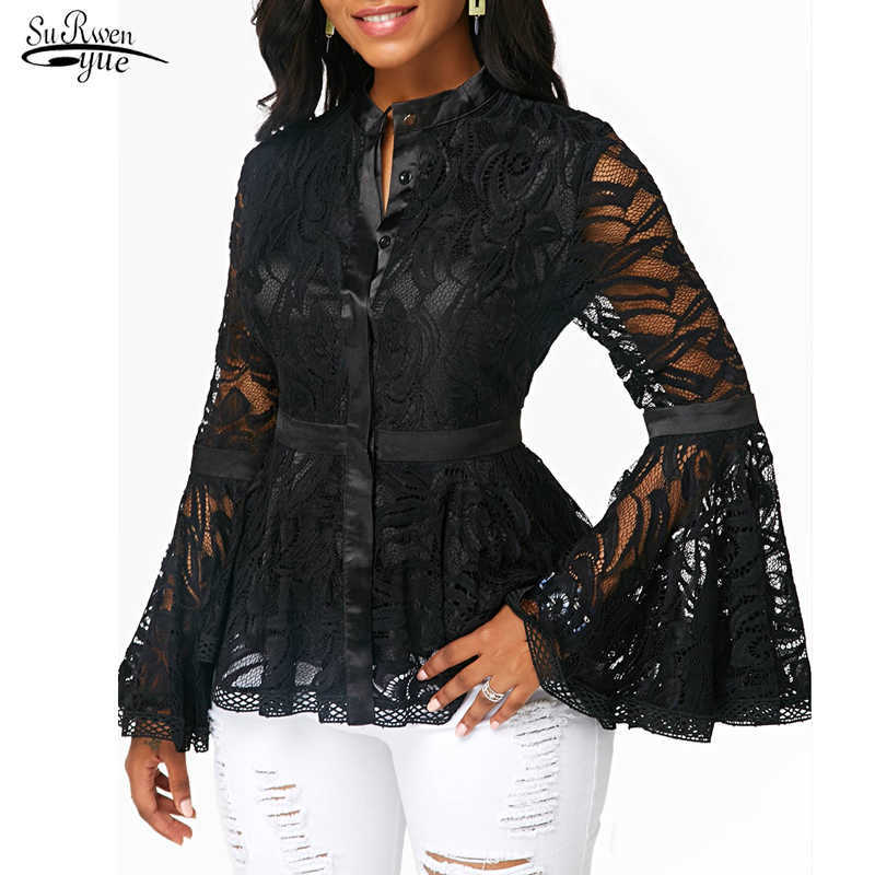 Spring Plus Size Lace Blouse Women Long Flare Sleeve Blouse Mesh Shirt Women's Sexy Tops Fashion Blusas Mujer 7946 210527, Black
Spring Plus Size Lace Blouse Women Long Flare Sleeve Blouse Mesh Shirt Women's Sexy Tops Fashion Blusas Mujer 7946 210527, Black