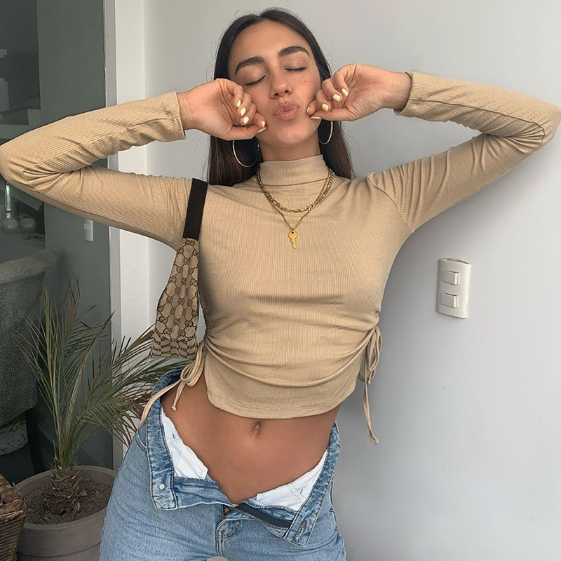 Casual Solid Turtleneck Long Sleeve Y2k Crop Top Black T-Shirt Side Drawstring Ruched White Tee Shirt Female Clothing Women 210302