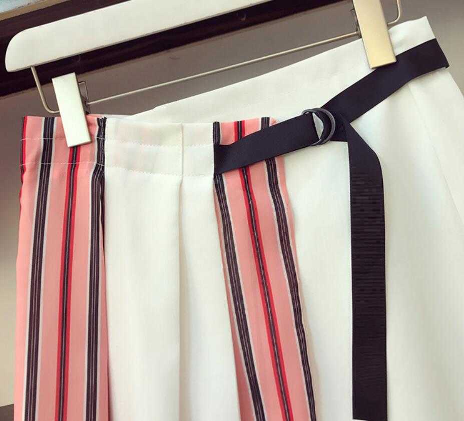 Women 2 Piece Set Summer Striped Chiffon shirt Tops + High Waist Button Mini Skirts Set 210708