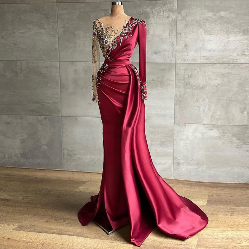 Aso Ebi Burgundy Mermaid Evening Reception Dresses with Long Sleeve Arabic African Beaded Illusion Occasion Prom Gowns Wear