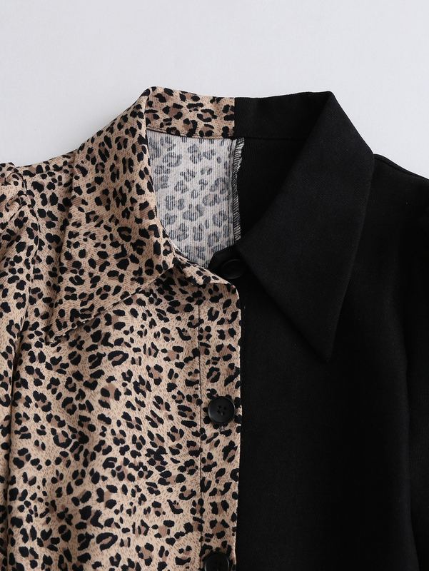 Girls Leopard Spliced Belted Shirt Dress SHE