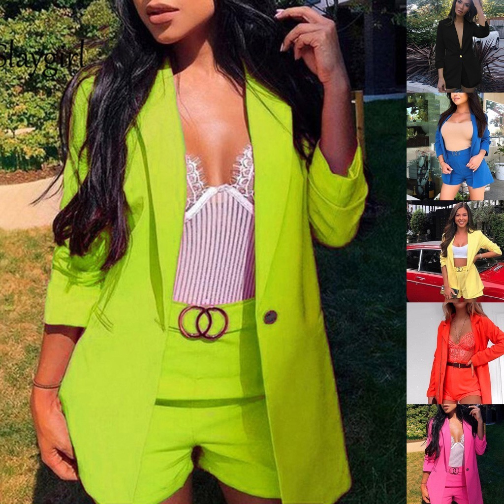 Summer Work Ol Two Piece Set Blazer Jacket And Shorts 2 Piece Set Women Belt 34 Sleeve Women Two Piece OutfitsG30 T200603