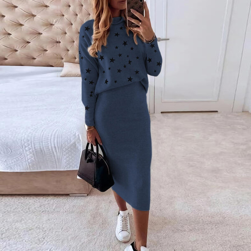 Autumn Skirts Women Set Office Lady Fashion Stars Print Sweatshirt Pullover and Bodycon Skirt Outfits Winter Vintage 2pcs Suits