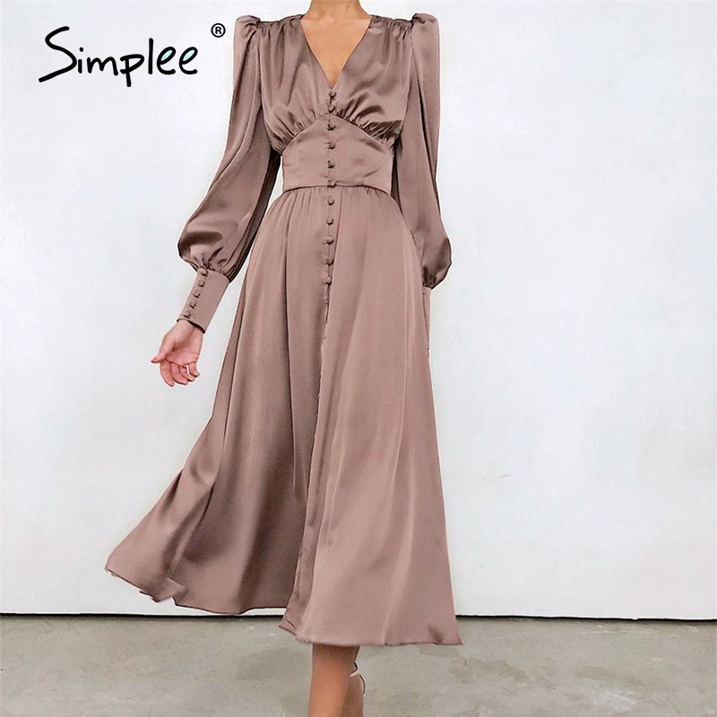 Elegant spring satin bishop sleeve aline dres Vneck high waist button dress solid Vintage long dresses chic 210309