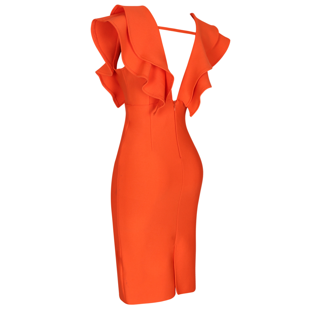 Ocstrade Sexy Bandage Dress Women Orange Deep v Neck Ruffles Elegant Bandage Dresses Bodycon Backless Club Party Dress 210303