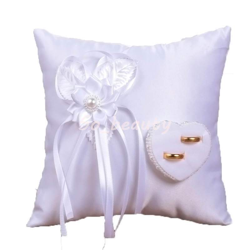 White Flower Bud Wedding Ring Pillow with Heart Setting Satin Cushion Party Suppliers High Quality