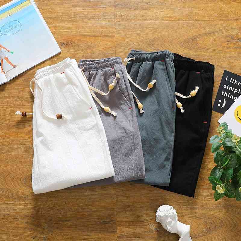 Summer lovers solid casual shorts male linen knee length cotton Board men drawstring thin Breathable Male Bermuda white 210629
