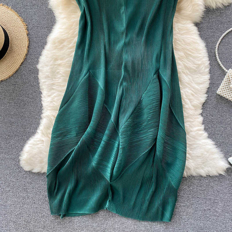 DEAT Women Pleated Dress V-Neck Short Sleeve Arrivals Lady Temperament Fashion Spring Summer 11D1542 210709