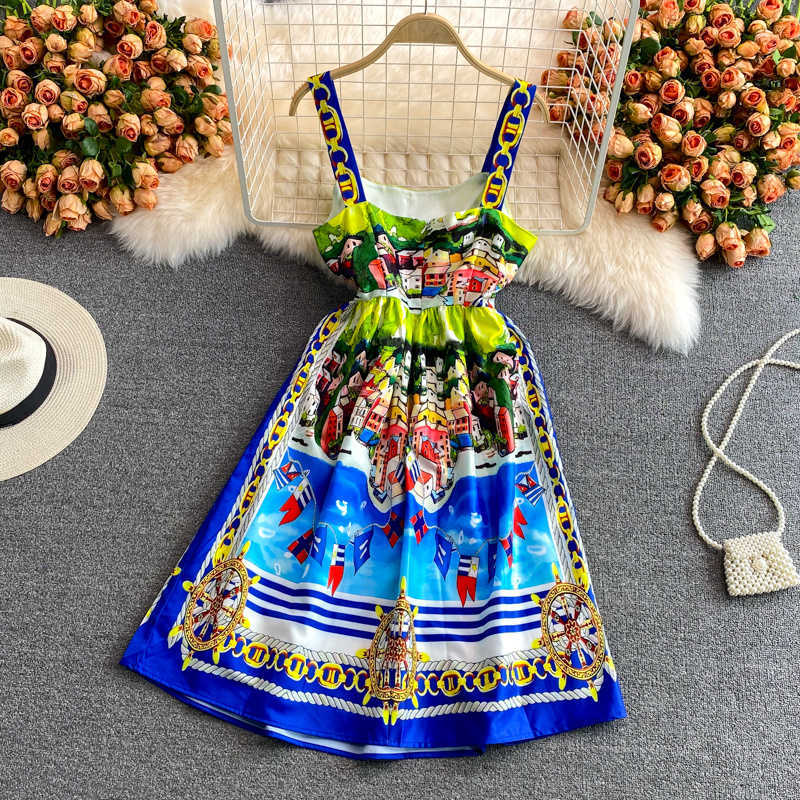 DEAT Women Printing Sling Dress Slash Neck Sleeveless Arrivals Lady Sexy Fashion Temperament Spring Summer 11D1401 210709