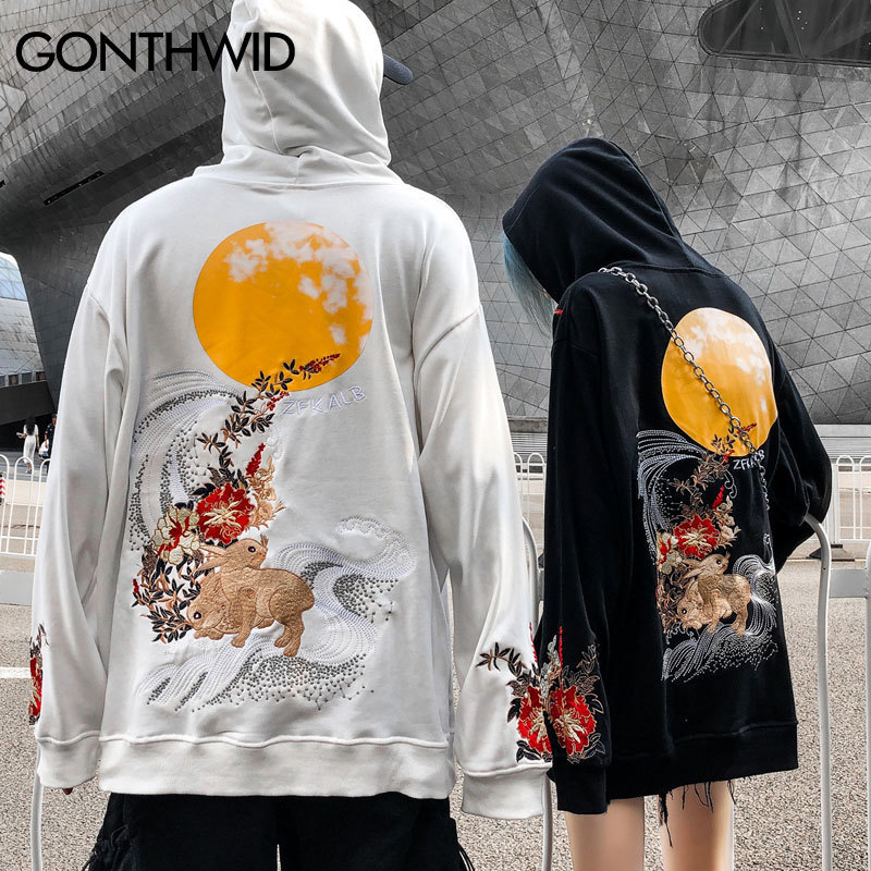 GONTHWID Embroidery Animal Flowers Rabbits Print Hooded Sweatshirts Harajuku Fashion Pullover Hoodies Hip Hop Casual Streetwear 201103
