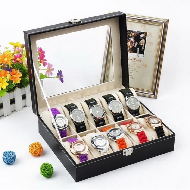 Fashion 10 Grids PU Leather Watch Boxes Storage Organizer Box Luxury Jewelry Ring Display Watch Case Black Display Case Box T20052