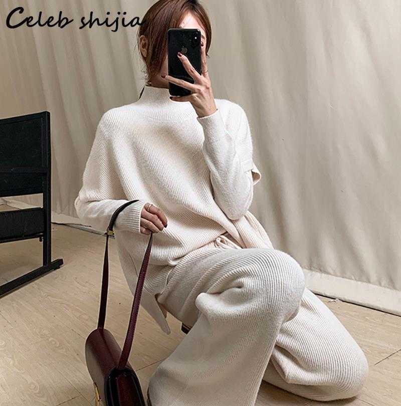 Cashmere Three Piece Sets Woman Loose Sweater + Wide Leg Pants Autumn Winter Elegant Korean Warm Knitted Wool Pant female 210930