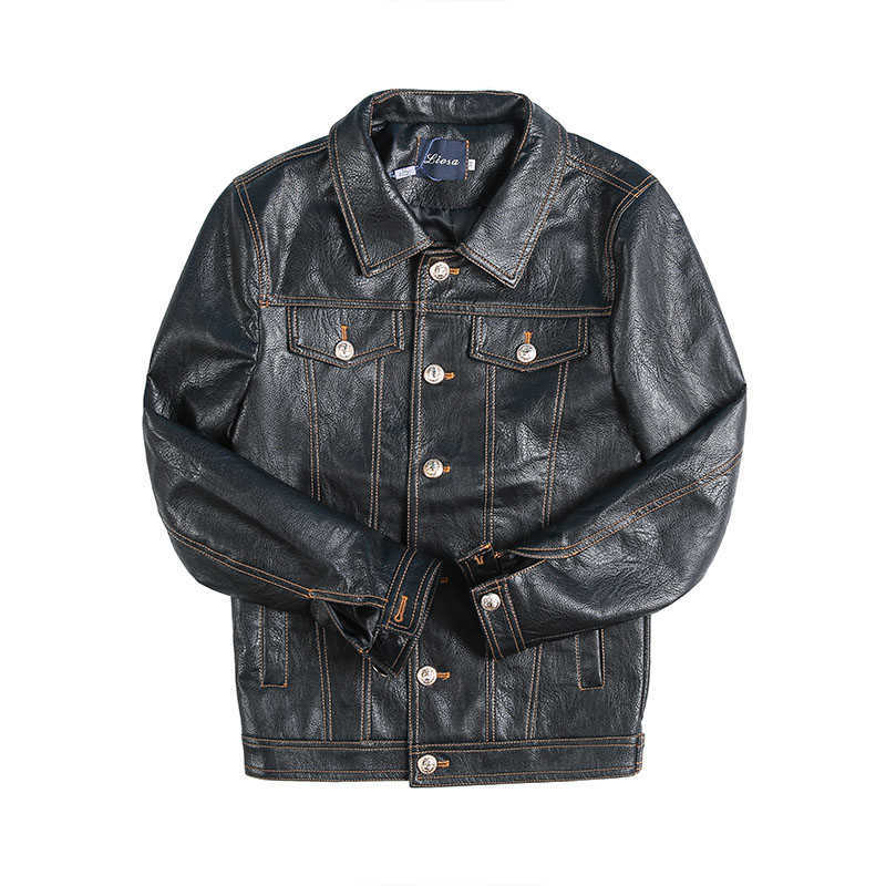 High Quality Autumn Winter Korean Slim Fit Single Breasted Turn Down Collar Motorcycle PU Leather Jacket Men Clothing Coats 211119