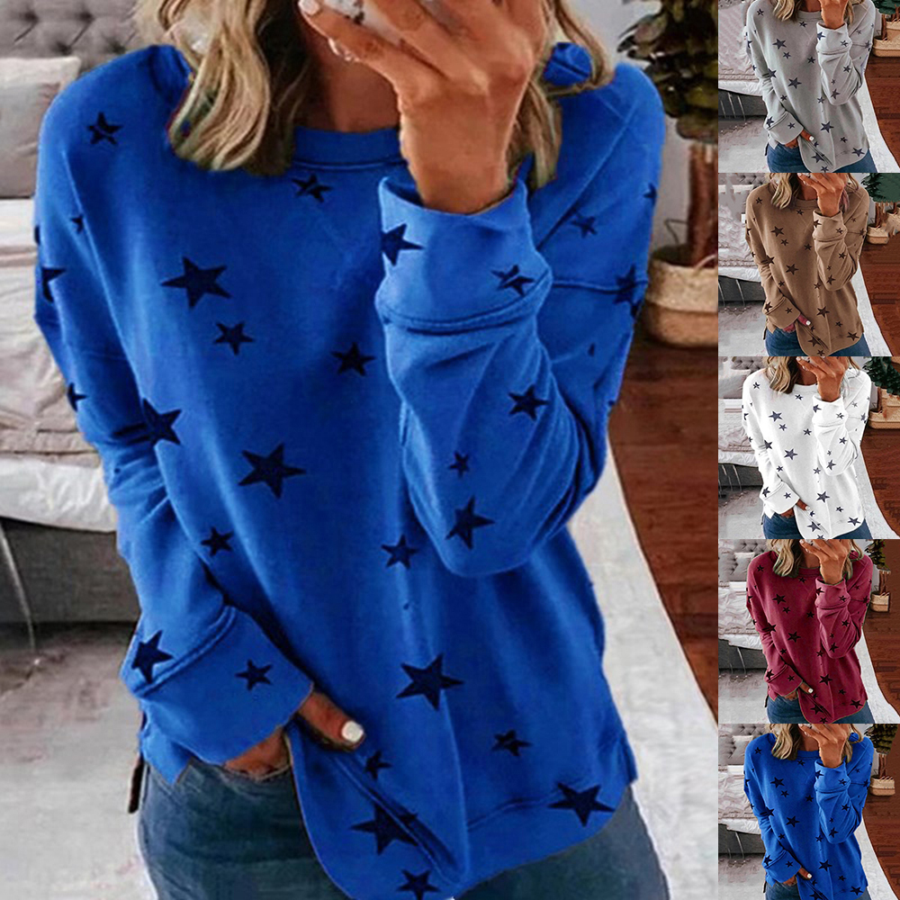 Clothes Women Ropa Mujer Vintage T Shirt Women Round Neck Long Sleeve Star Print Side Split Pullover Sweatshirt Plus Size 210310