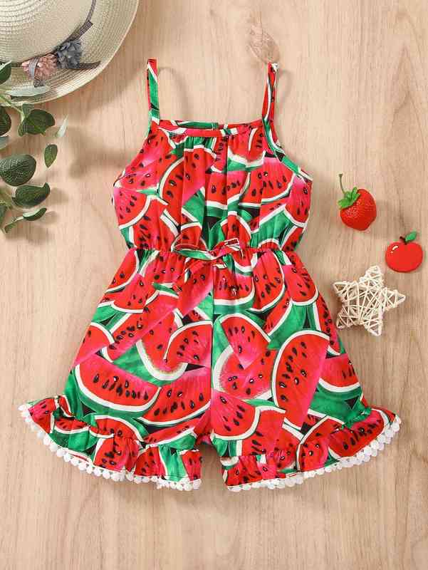 Baby Watermelon Print Bow Front Ruffle Hem Cami Romper SHE
