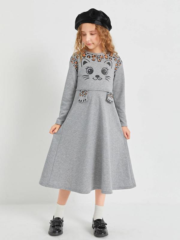 Girls Cartoon Graphic 3D Patched Dress SHE