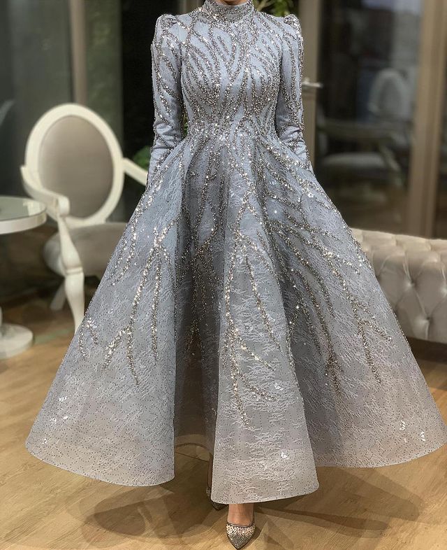 Plus Size Arabic Aso Ebi Sier Urious Muslim Prom Dresses Lace Beaded Evening Formal Party Second Reception Gowns Dress ZJ Lz0304